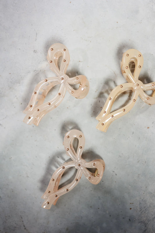 Studded Bow Clip - Ivory